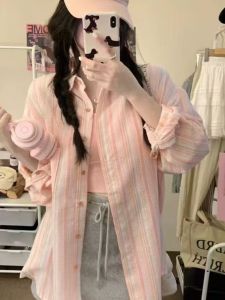 Áo Sơ Mi Dài Tay Rộng Rãi Màu Hồng Sọc Cổ Polo Thường Ngày Chống Tia UV Dài Vừa Phải Cho Nữ