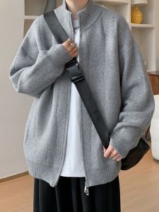 เสื้อสเวตเตอร์สวมหัวซิปคู่หลวมพอดีตัวของผู้ชายพร้อมคอตั้งเสื้อถักขนแกะสไตล์เยาวชนลําลองสําหรับฤดูหนาว