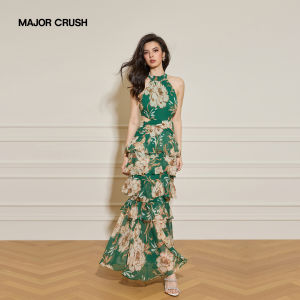 Summer New Printed Waist-exposing Halterneck Flounce Dress