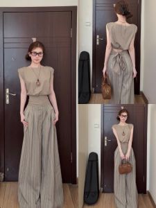 Korean High-End Sportswear Set Womens Summer Fashion Lazy Style Sleeveless Top Wide Leg Pants Casual Two-Piece Set