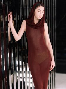 ชุดเดรสแขนกุดมีฮู้ดเซ็กซี่บาง กระโปรงทรงเอเข้ารูป ชุดราตรี ชุดเดรสยาว ฤดูใบไม้ร่วง/ฤดูหนาว เสื้อผ้าทำงาน สีสันสดใส