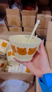 Chén Gấu Nâu Hình Nón Kèm Muỗng Bát Ăn Cơm Bát Chè Chất Liệu Gốm Sứ Kèm Muỗng Cao Cấp