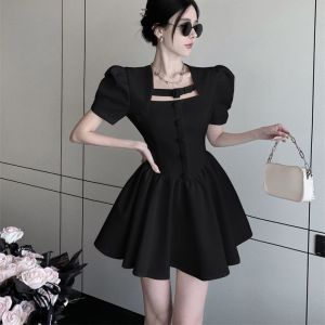 ชุดเดรสสั้นแขนพองสไตล์ฝรั่งเศส กระโปรงทรงเอเอวสูง ผ้าโพลีเอสเตอร์ ชุดเดรสผู้หญิงฤดูร้อน ดีไซน์หรูหรา กระโปรงทรงเอ