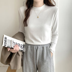 Black Fleece Lined Long Sleeve Slim Fit Ladies Base Shirt Korean Style Commute Fashion High Collar Inner Wear T-Shirt Top