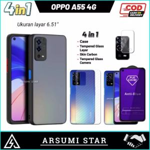 PROMO PAKET MURAH 4 IN 1 CASE OPPO A55 4G HARD CASE AERO + FREE TG ANTI GORES ANTI BLUE-LIGHT + SKIN CAMERA + SKIN CARBON HARD CASE AERO