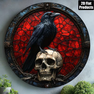 Gothic Crow And Skull Metal Wall Art 7.87 Inch Round Durable Iron Art Mysterious Forest Pattern Easy Hanging Indoor Outdoor Home