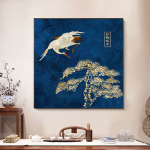New Chinese Style Decorative Painting Blue Crane Bird Zen Hotel Bed And Breakfast Room Tea Room Abstract Pattern Printed Artwork