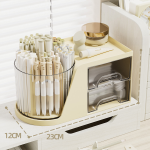 360 Degree Rotatable Large Capacity Transparent Makeup Brush Storage Box with Drawer Desktop Organizer Multi-Function Storage Canister