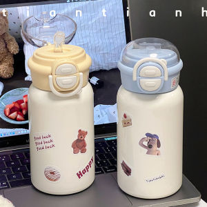 Portable Insulated Water Bottle Straw Cup Cute Couple Matching Beverage Container Stainless Steel 500ml  Style Universal Use