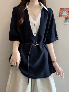 Flare-Hiding V-Neck Short Sleeve Illusion Layered Shirt for Plus Size