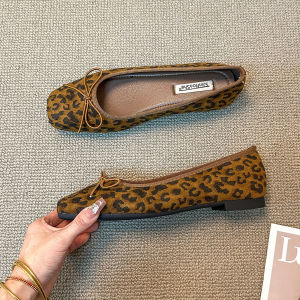 Korean Style Flat Bottom Leopard Print Ballet Flats Womens Shoes Spring Summer Butterfly Knot Skirt Matching Evening Shoes