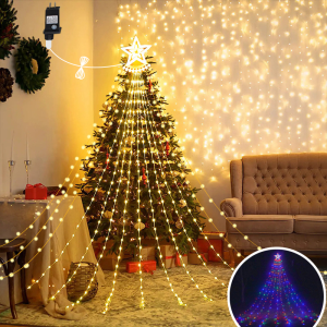 Solar Tree Waterfall String Lights Star USB Light Waterproof Hanging Lights Xmas Tree Light For Garden Outdoor Indoor