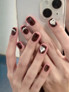 New 2026 Short Wine Red Heart Diamond Full Drill New Year Nail Art Wearable False Nails Bridal Manicure Stickers Chinese Brand