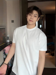 American Style Heavyweight White Cotton Mens T-Shirt Summer Fitness Short Sleeve Cuffed Pure Cotton Five-Quarter Sleeve