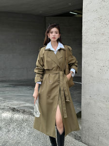 Light Cloth Height-Adjustable Lengthened British Style Retro Lace up Fitted Waist Turn-down Collar Mid Length Long Length Trench Coat Outwear Women