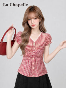 La Chapelle | Vintage Red Plaid Summer Lightweight Lace Trim V-Neck Fitted Short Sleeve Shirt