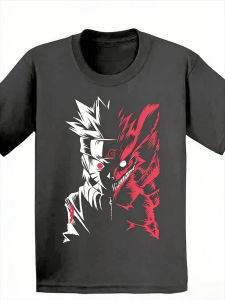 Bandai | Naruto Nine Tailed Split Style T-shirt for Men with Anime Pattern Printed Short Sleeve Fashion High Quality Trendy Cotton Top