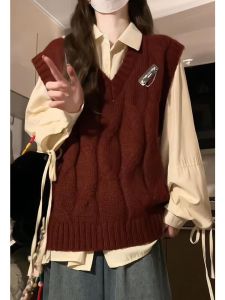 เสื้อสเวตเตอร์คอวีสีแดงวินเทจสำหรับผู้หญิง เสื้อกั๊กถักแขนกุด ทรงหลวม ฤดูใบไม้ผลิและฤดูใบไม้ร่วง เสื้อผ้าทำงาน