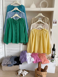 Casual French Retro Long Sleeve Shirt for Women Summer Lace Cotton Linen Anti-Sunshine Button-Up Crewneck Top for Outdoor Party