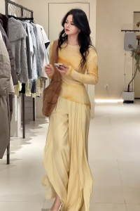 Áo Len Dệt Kim Dài Tay Không Đều Cho Nữ Mùa Xuân 2025 Quần Ống Rộng Thời Trang Hai Mảnh Cotton 100% Cổ Tròn