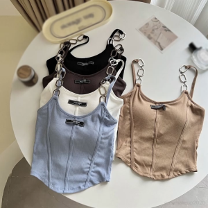 Women Camisole Letter Print Chain panels cropped vest with chest pads summer outerwear vest-ONE SIZE (S-M)