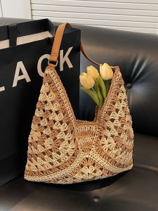 Beach Vacation Straw Woven Tote Bag Handcrafted Hollow out Design Casual Large Capacity Single Shoulder Commuter Bag