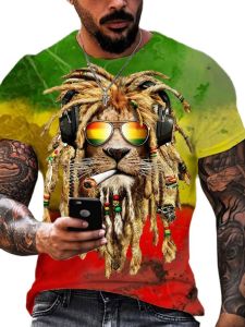Lion เสื้อยืดแขนสั้นพิมพ์ลายดิจิตอลสําหรับผู้ชายคอกลมแขนปกติหลวมพอดีฤดูร้อนสวมใส่การออกแบบเอฟเฟกต์ 3 มิติ