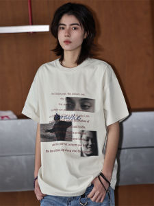 Nobodyknows American Retro Portrait Lettering Loose Casual Couple Street Vibe Short Sleeve T-Shirt Trendy Brand Cotton Polyester Summer Youth Popular round Neck