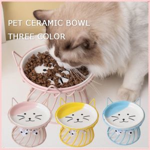Cat Bowl Ceramic Pet Food High Foot Neck Protection Bowl Large Diameter Pet Flat Face Bowl