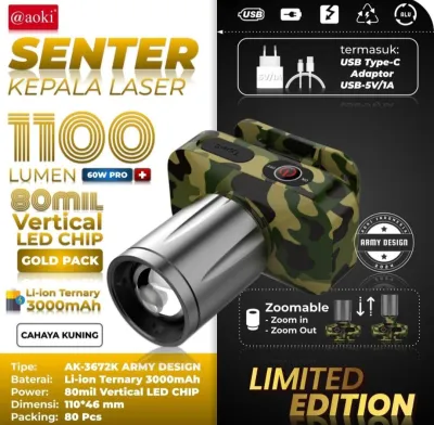 New Aoki Army Senter Zoom Super Terang 1100 Lumen Cahaya Putih 60 Watt Pro+ 20 Jam
