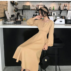Lantern Sleeve Dress/Midi Dress/Solid color/High Waist Dress/Small Cutting