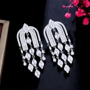 SEQUITO Exquisite Pave Sparkling AAAAA Cubic Zircon Crystal Sliver Plated U Shape Chandelier Dangle Drop Long Tassel Earring Bridal Wedding Jewelry SE642