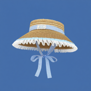 French Grid Ribbon Raffia Wide Brim Hat
