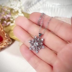 Huitan Aesthetic Engraved Snowflake Pendant Necklace for Women Elegant Party Inlaid Shiny CZ Jewelry Festival Xmas Accessories