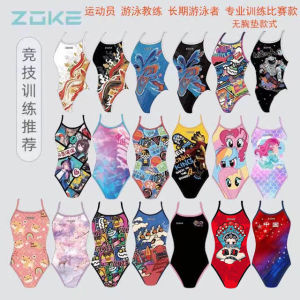 Zoke Professional Cartoon One-Piece Swimsuit for Women Triangular Competition Training Suit No Chest Pad Polyester Spandex