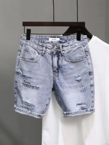 Summer Fashion Thin Denim Shorts Mens Korean Version Hole Five-Point Elastic Trendy Ins Earring Set Ear Cover Accessory
