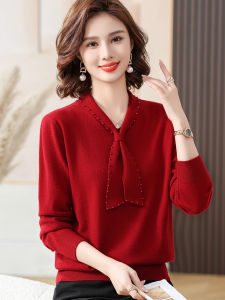 Red Woolen Sweater for Mom Mid-Aged Women Fashionable Loose Style round Neck Pure Color Base Layer Top for Spring Autumn