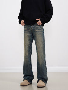 GOFB American Retro Washed Mud Jeans Trendy Straight Leg Micro Flared Clean Fit Pants Youthful Casual Long Trousers