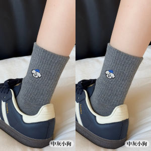 White Little Dog Cotton Socks Womens Mid-calf Spring Autumn Sports Thin Summer Style College Fashion Long Socks
