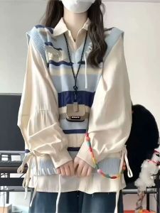 Áo Len Dệt Kim Có Dây Rút Kẻ Sọc Hai Mảnh Áo Vest Nữ Sinh Màu Cam Áo Khoác Ngoài Thời Trang Mùa Thu 2023 Áo Khoác Ngoài Phong Cách Đại Học