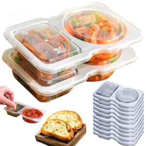 10Pcs Condiment Containers Dual Compartment Seasoning Box with Lids Clear Plastic Portion Cups Stackable Space Saving