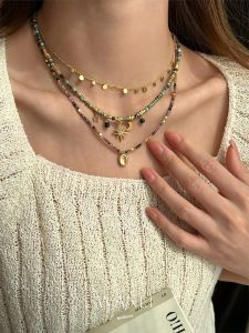 Long Bohemian Colorful Natural Stone Beaded Necklace for Women Clavicle Chain Titanium Steel Pendant  out Fashion Jewelry