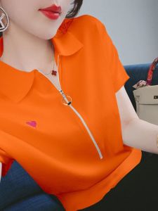 Polp Neck Ice Silk Knitted Base Shirt Loose Slimming Large Size Sun Protection Face Veil Short Sleeve Summer New Style Womens T-shirt