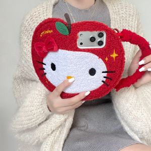 Sanrio | Korean Cute Bowknot Hello Kitty Fur Flip Phone Case For iPhone 17 16 15 14 Pro Max Plush Hand Strap Winter Warm Girls Gift Cover