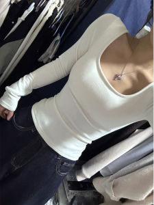 White U-Neck Long Sleeve Base Shirt Inner Wear for Women Spicy Girl Style Early Autumn Fashion Casual Cotton Blend T-Shirt