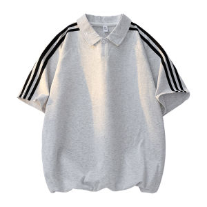 Dark Navy Stripe Summer Streetwear Box-cut Short Sleeve Polo Shirt