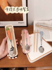 Cute Portable Childrens Lunch Set Spoon And Chopsticks Stainless Steel Baby Dining Utensils Storage Kit for School Use