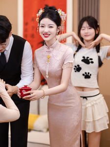 Pink Qipao Engagement Ceremony Dress Wedding New Chinese Style Short Size Bride Custom Made Formal Womens Dress Gown