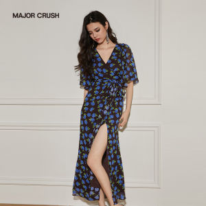 Elegant French Vintage Design Blue Rose Print Maxi Dress