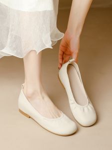 Elevated 5cm French Ballet Slope Heels Single Shoes Soft Bottom Cow Tendon Genuine Leather Womens Shoes Young Style Slip-On